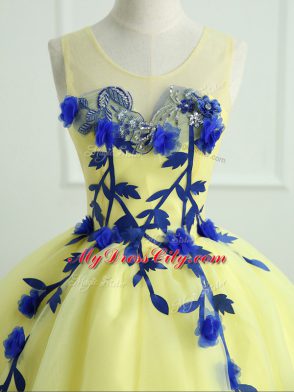Light Yellow Sleeveless Hand Made Flower Floor Length Quinceanera Gowns