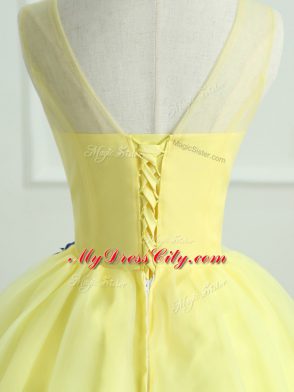 Light Yellow Sleeveless Hand Made Flower Floor Length Quinceanera Gowns