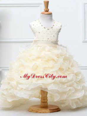 Champagne Ball Gowns Beading and Ruffles Little Girl Pageant Gowns Zipper Organza Sleeveless High Low