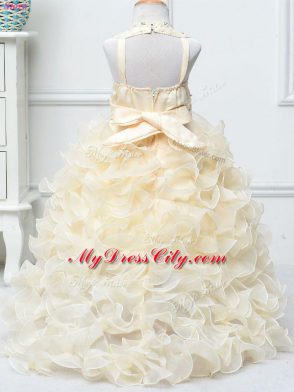 Champagne Ball Gowns Beading and Ruffles Little Girl Pageant Gowns Zipper Organza Sleeveless High Low