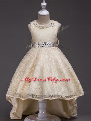 Top Selling Champagne Lace Up Scoop Beading Flower Girl Dress Lace Sleeveless