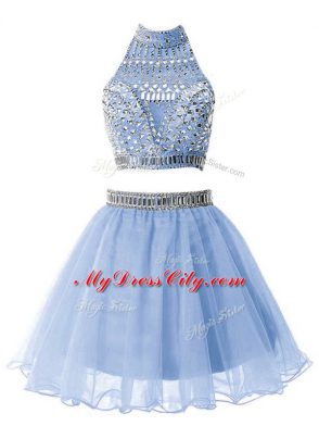 Sleeveless Knee Length Beading Zipper Damas Dress with Light Blue