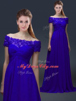 Adorable Blue Empire Appliques Mother Dresses Lace Up Chiffon Short Sleeves Knee Length