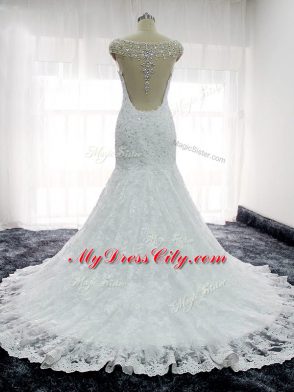 Dazzling White Straps Backless Beading and Lace and Appliques Wedding Gown Cap Sleeves