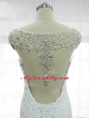 Dazzling White Straps Backless Beading and Lace and Appliques Wedding Gown Cap Sleeves