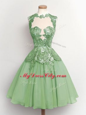 A-line Damas Dress Green High-neck Chiffon Sleeveless Knee Length Lace Up