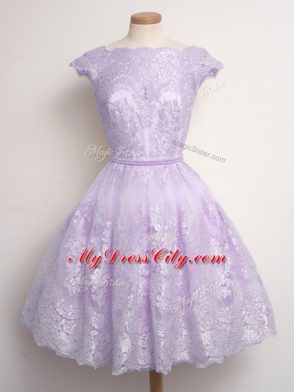 Deluxe Scalloped Cap Sleeves Lace Up Bridesmaid Dresses Lavender Lace