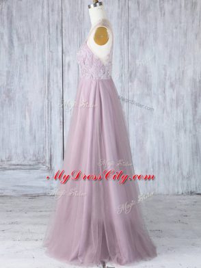 Cheap Pink V-neck Neckline Lace Bridesmaid Gown Sleeveless Clasp Handle