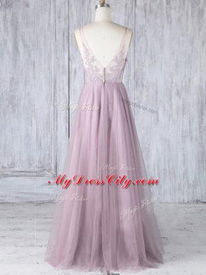 Cheap Pink V-neck Neckline Lace Bridesmaid Gown Sleeveless Clasp Handle