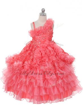 High Class Watermelon Red Child Pageant Dress Wedding Party with Lace and Ruffles and Ruffled Layers Asymmetric Sleeveless Lace Up
