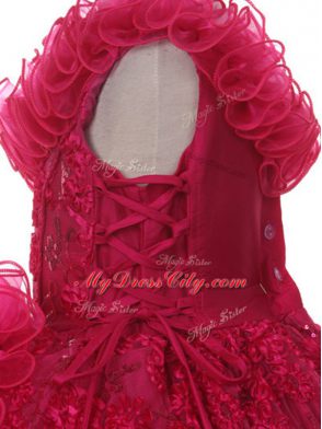 High Class Watermelon Red Child Pageant Dress Wedding Party with Lace and Ruffles and Ruffled Layers Asymmetric Sleeveless Lace Up
