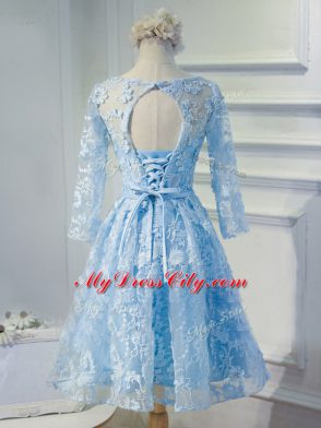 Noble Long Sleeves Organza Mini Length Lace Up Evening Dress in Light Blue with Beading and Appliques