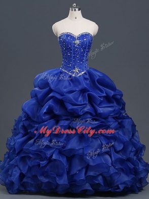 Simple Sleeveless Floor Length Beading and Ruffles and Pick Ups Lace Up Ball Gown Prom Dress with Royal Blue