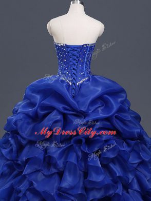 Simple Sleeveless Floor Length Beading and Ruffles and Pick Ups Lace Up Ball Gown Prom Dress with Royal Blue