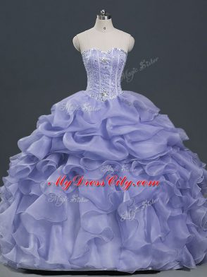 Trendy Lavender Ball Gowns Organza Sweetheart Sleeveless Beading and Ruffles and Pick Ups Floor Length Lace Up Quinceanera Dress