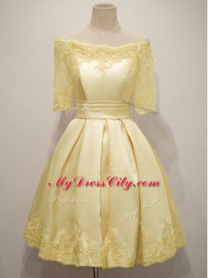 Yellow Half Sleeves Lace Knee Length Bridesmaid Dresses