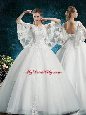 Lace Wedding Dress White Lace Up Half Sleeves Floor Length