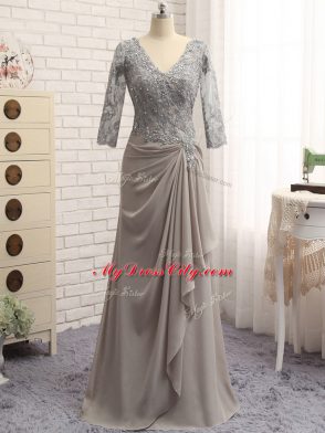 Sweet Grey Zipper Mother of Bride Dresses Lace and Appliques Long Sleeves Floor Length