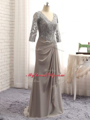 Sweet Grey Zipper Mother of Bride Dresses Lace and Appliques Long Sleeves Floor Length