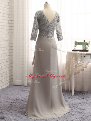 Sweet Grey Zipper Mother of Bride Dresses Lace and Appliques Long Sleeves Floor Length