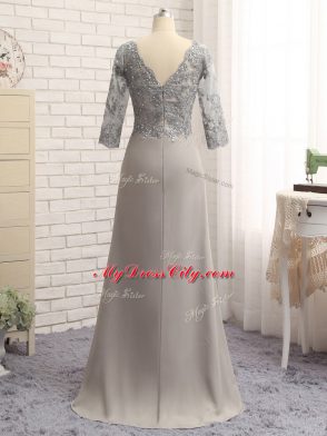 Sweet Grey Zipper Mother of Bride Dresses Lace and Appliques Long Sleeves Floor Length