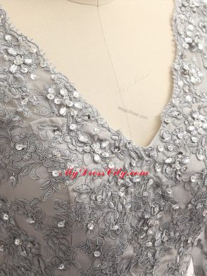 Sweet Grey Zipper Mother of Bride Dresses Lace and Appliques Long Sleeves Floor Length
