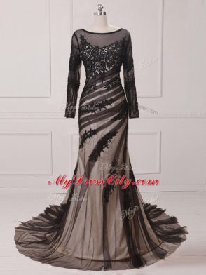 Beauteous Black Mother Dresses Chiffon and Tulle Brush Train Long Sleeves Lace and Appliques