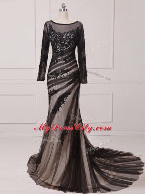Beauteous Black Mother Dresses Chiffon and Tulle Brush Train Long Sleeves Lace and Appliques