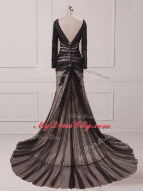 Beauteous Black Mother Dresses Chiffon and Tulle Brush Train Long Sleeves Lace and Appliques