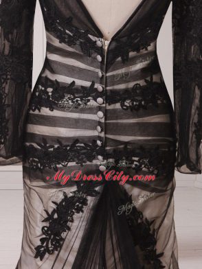 Beauteous Black Mother Dresses Chiffon and Tulle Brush Train Long Sleeves Lace and Appliques
