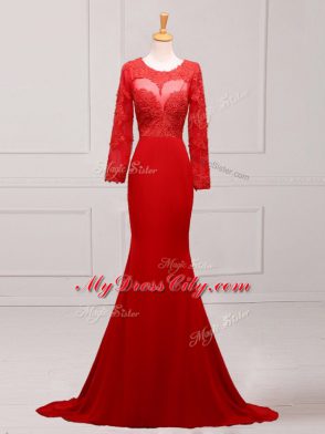 Cheap Chiffon Scoop Long Sleeves Brush Train Zipper Lace and Appliques Mother of Groom Dress in Red