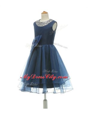 Stylish Navy Blue Scoop Neckline Beading and Bowknot Flower Girl Dress Sleeveless Zipper
