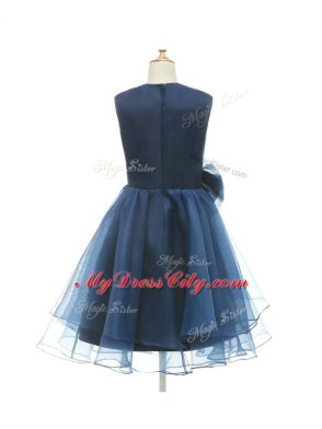 Stylish Navy Blue Scoop Neckline Beading and Bowknot Flower Girl Dress Sleeveless Zipper