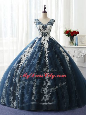 Glorious Ruffles and Pattern Sweet 16 Dress Navy Blue Lace Up Sleeveless Floor Length