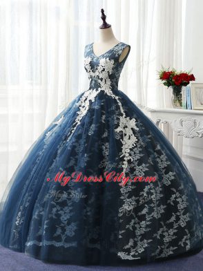 Glorious Ruffles and Pattern Sweet 16 Dress Navy Blue Lace Up Sleeveless Floor Length