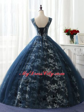 Glorious Ruffles and Pattern Sweet 16 Dress Navy Blue Lace Up Sleeveless Floor Length