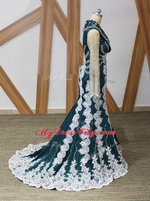 Excellent Long Sleeves Elastic Woven Satin Brush Train Zipper Mother of the Bride Dress in Navy Blue with Beading and Lace and Appliques