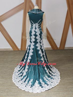 Excellent Long Sleeves Elastic Woven Satin Brush Train Zipper Mother of the Bride Dress in Navy Blue with Beading and Lace and Appliques