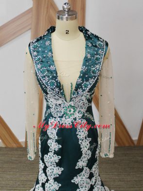 Excellent Long Sleeves Elastic Woven Satin Brush Train Zipper Mother of the Bride Dress in Navy Blue with Beading and Lace and Appliques