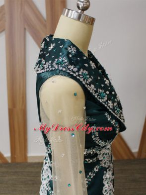 Excellent Long Sleeves Elastic Woven Satin Brush Train Zipper Mother of the Bride Dress in Navy Blue with Beading and Lace and Appliques