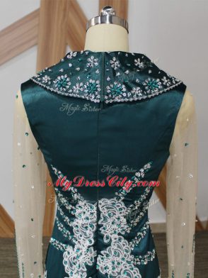 Excellent Long Sleeves Elastic Woven Satin Brush Train Zipper Mother of the Bride Dress in Navy Blue with Beading and Lace and Appliques