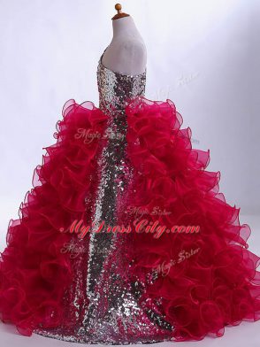 Latest Wine Red Ball Gowns Ruffles and Sequins Little Girl Pageant Dress Zipper Organza and Sequined Sleeveless Floor Length