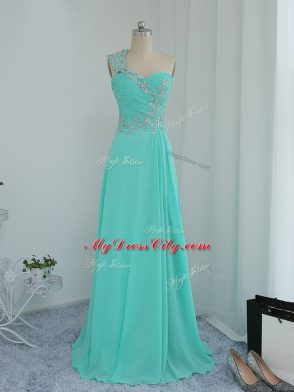 High Class Turquoise Column/Sheath One Shoulder Sleeveless Chiffon Floor Length Zipper Beading and Appliques Prom Evening Gown