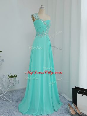 High Class Turquoise Column/Sheath One Shoulder Sleeveless Chiffon Floor Length Zipper Beading and Appliques Prom Evening Gown