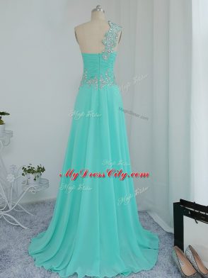 High Class Turquoise Column/Sheath One Shoulder Sleeveless Chiffon Floor Length Zipper Beading and Appliques Prom Evening Gown