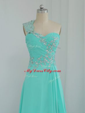 High Class Turquoise Column/Sheath One Shoulder Sleeveless Chiffon Floor Length Zipper Beading and Appliques Prom Evening Gown