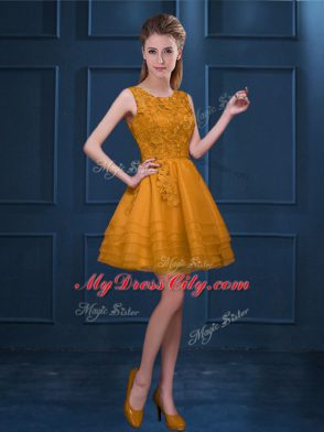 Gold A-line Scoop Sleeveless Tulle Knee Length Zipper Lace and Ruffled Layers Bridesmaid Dresses
