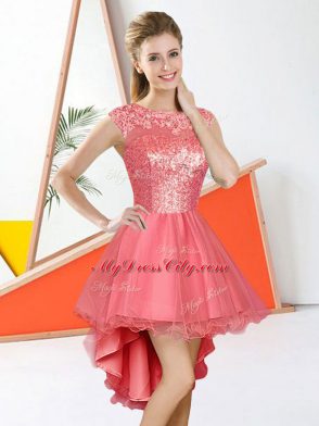 Watermelon Red Sleeveless Beading and Lace High Low Bridesmaid Gown