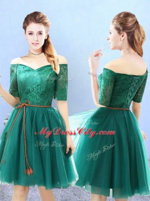 Green Lace Up Off The Shoulder Lace Bridesmaid Gown Tulle Half Sleeves