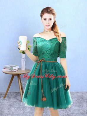 Green Lace Up Off The Shoulder Lace Bridesmaid Gown Tulle Half Sleeves
